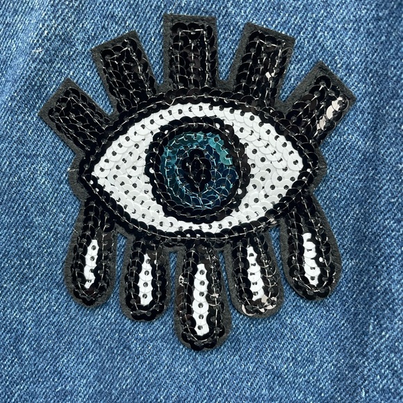 miki miette denim jacket with smiley, rainbow & evil eye patches in EUC. Size 3 - Picture 3 of 8